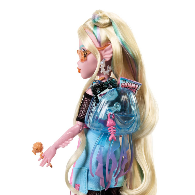 Monster High Lagoona Blue Doll in Mesh Tee and Cargo Pants, Includes Pet Fish Neptuna and Accessories Like a Backpack, Snack and Notebook