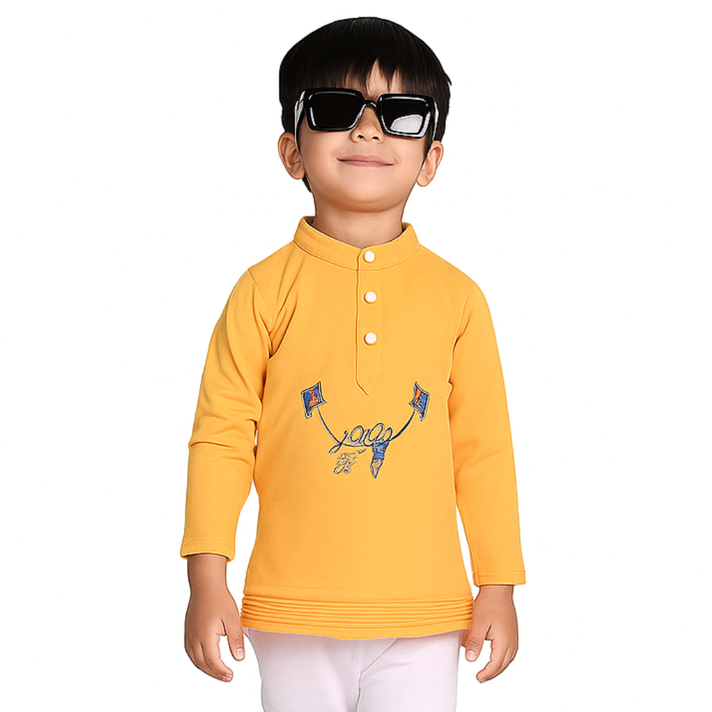 Ninos Boys Cotton Full Sleeves Festive Multidesign Party Kurta Pyjama Set- Mustard