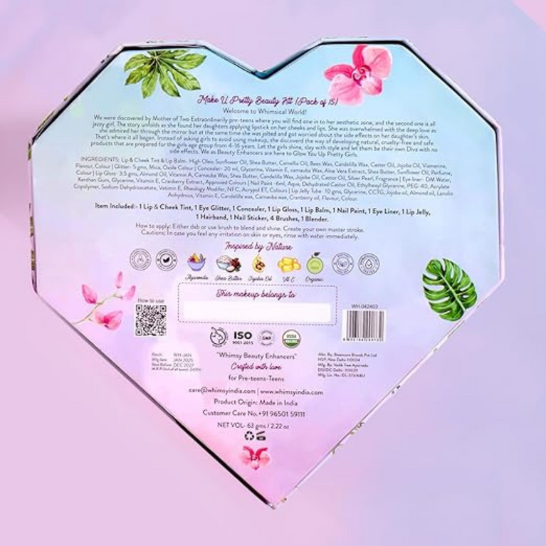 Whimsy 15-Piece Organic Makeup Kit for Kids, Preteens & Teen Girls ,Skin-Friendly Real Toy Makeup for Children