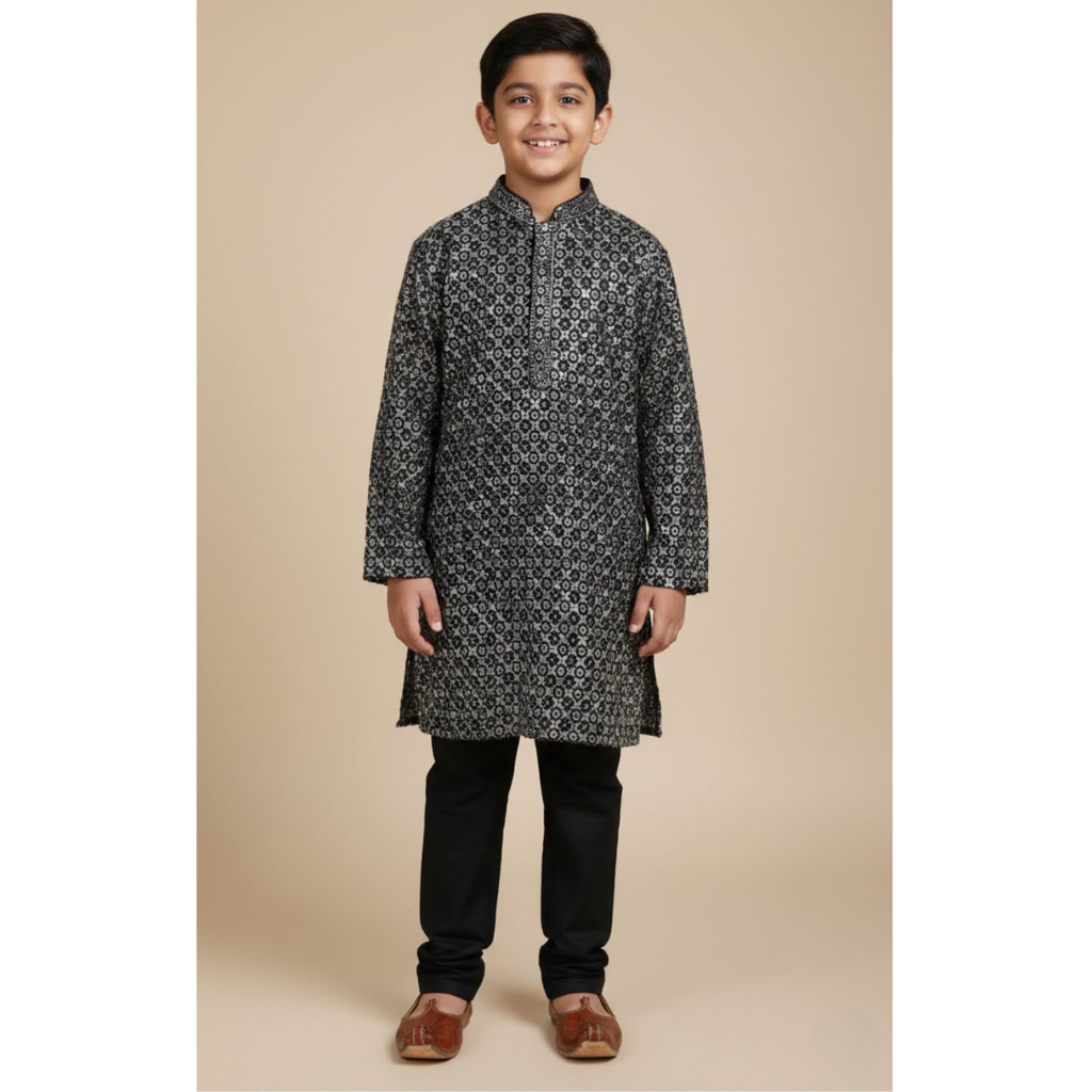 Ninos Kids Wooven Full Sleeve Kurta Pajama Set With Embroidery Boys Ethnic Wear Traditional Festive Outfit