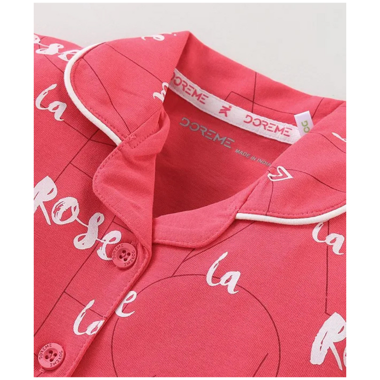 Doreme Single Jersey Knit Full Sleeves Night Suit With Shapes & Text Print