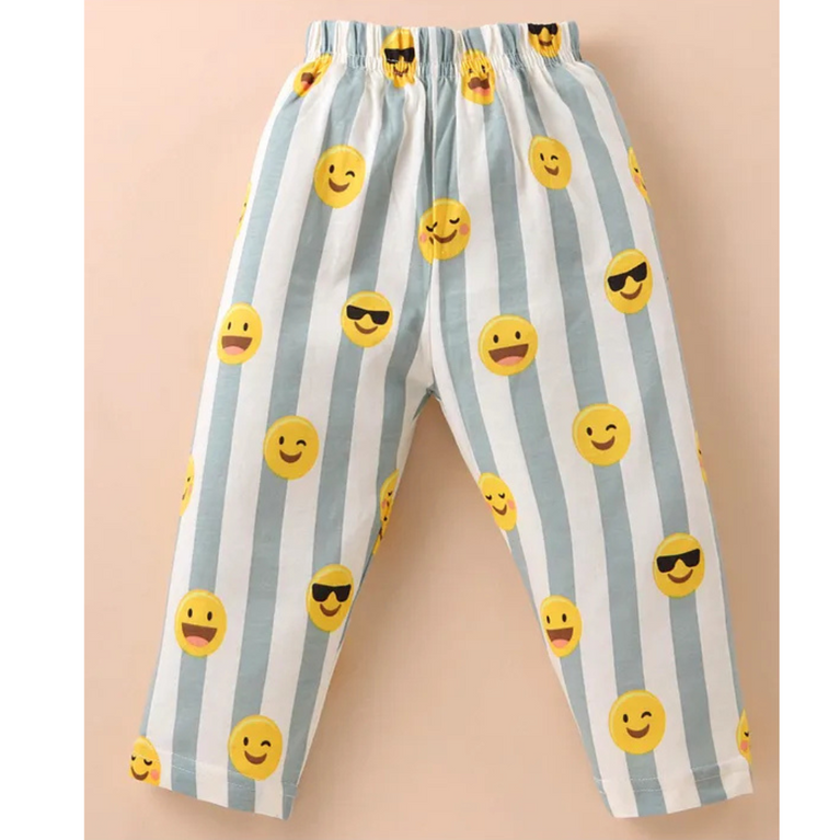 Ollypop Sinker Knit Full Sleeves Front Open Smiley Printed Night Suit - Light Blue