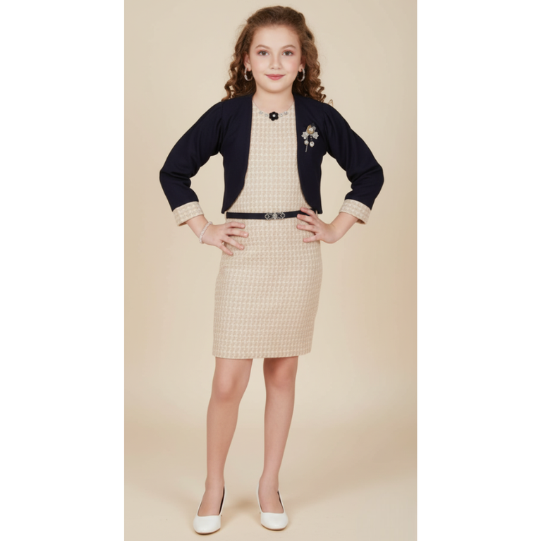 Iris Castle -Girls Beige Sheath Dress with Navy Blue Cropped Jacket