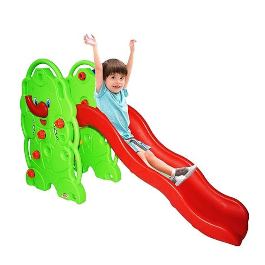 Ninos Kids Elephant Slide with Basketball Ring, Indoor/Outdoor Playground Equipment, Green and Red, Ages 2-8 Years