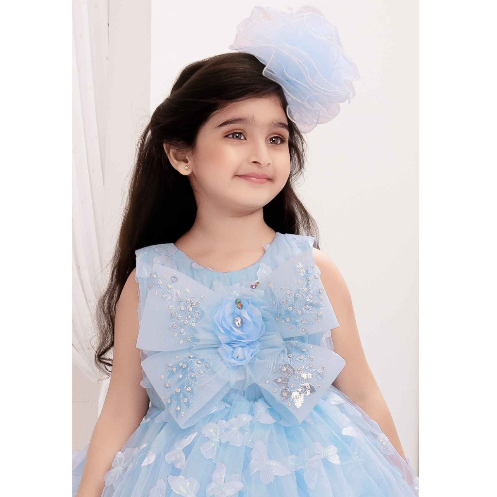Plum-Party Wear Gown For Girls Beautiful Floral And Butterfly Embellished With Sequins Work -Sky Blue