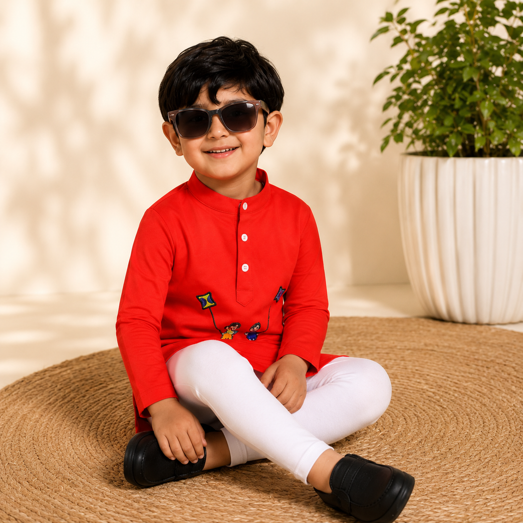 Ninos Boys Cotton Full Sleeves Festive Multidesign Party Kurta Pyjama Set- Red
