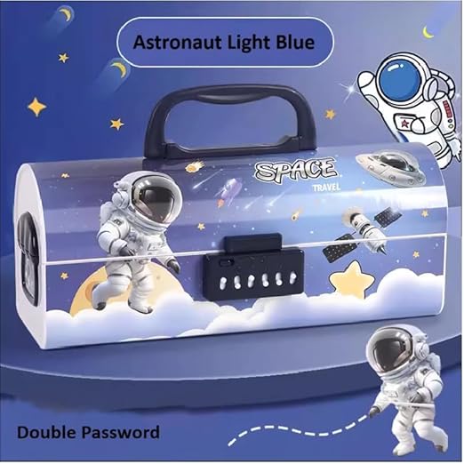 nino's Space-Themed Password Lock Pencil Box, Large Capacity Stationery Organizer for Kids, Light Blue