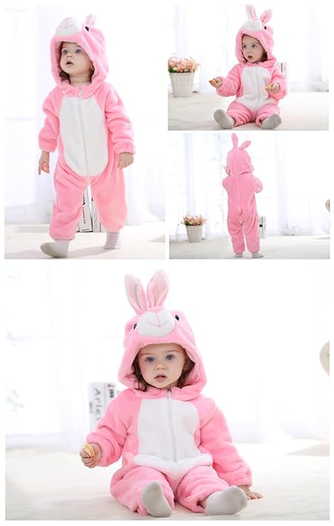 Michley- Unisex Baby Winter Hooded Romper Flannel Rabbit Style Stitch Animal Long Sleeves Zip Cosplay Dress