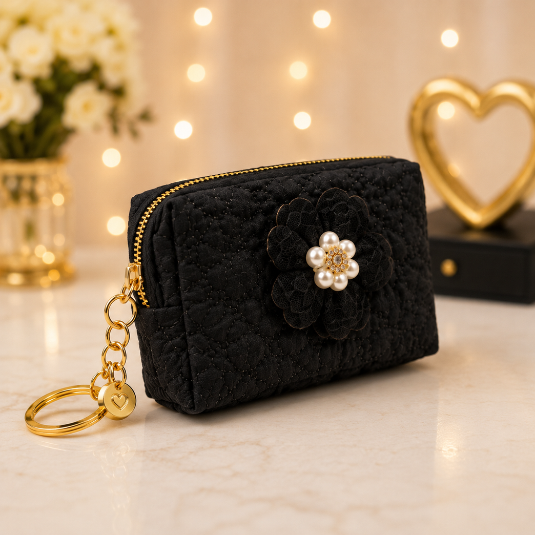 Floral Quilted Coin Purse Girls | Mini Zipper Wallet with Pearl Flower Charm, Keychain Ring | Cute Cash, Coin & Earbuds Pouch (Multi-Color)