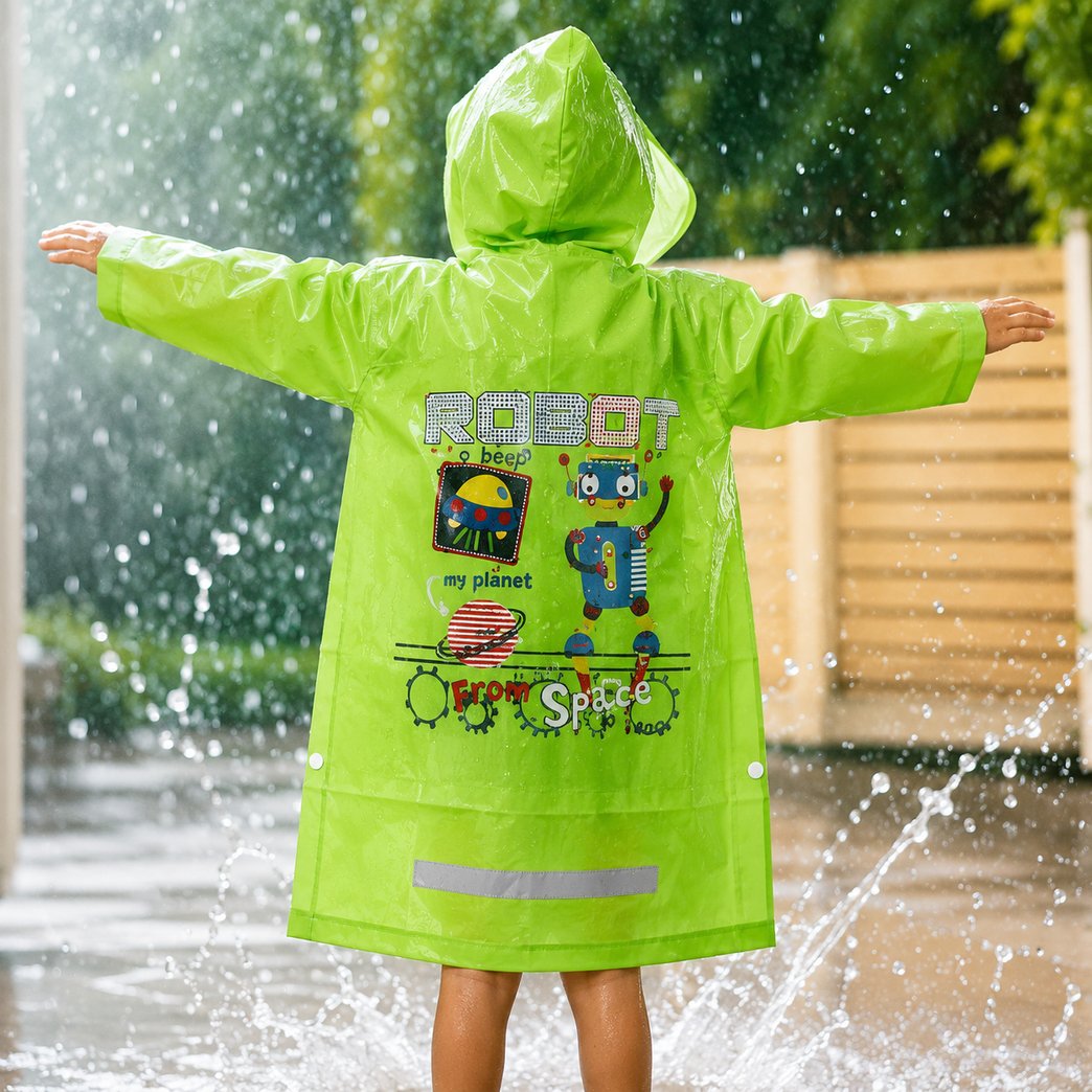 Kids Waterproof PVC Hooded Raincoat with Cute Robot Print | Lightweight Full-Sleeve Rain Wear for Boys & Girls
