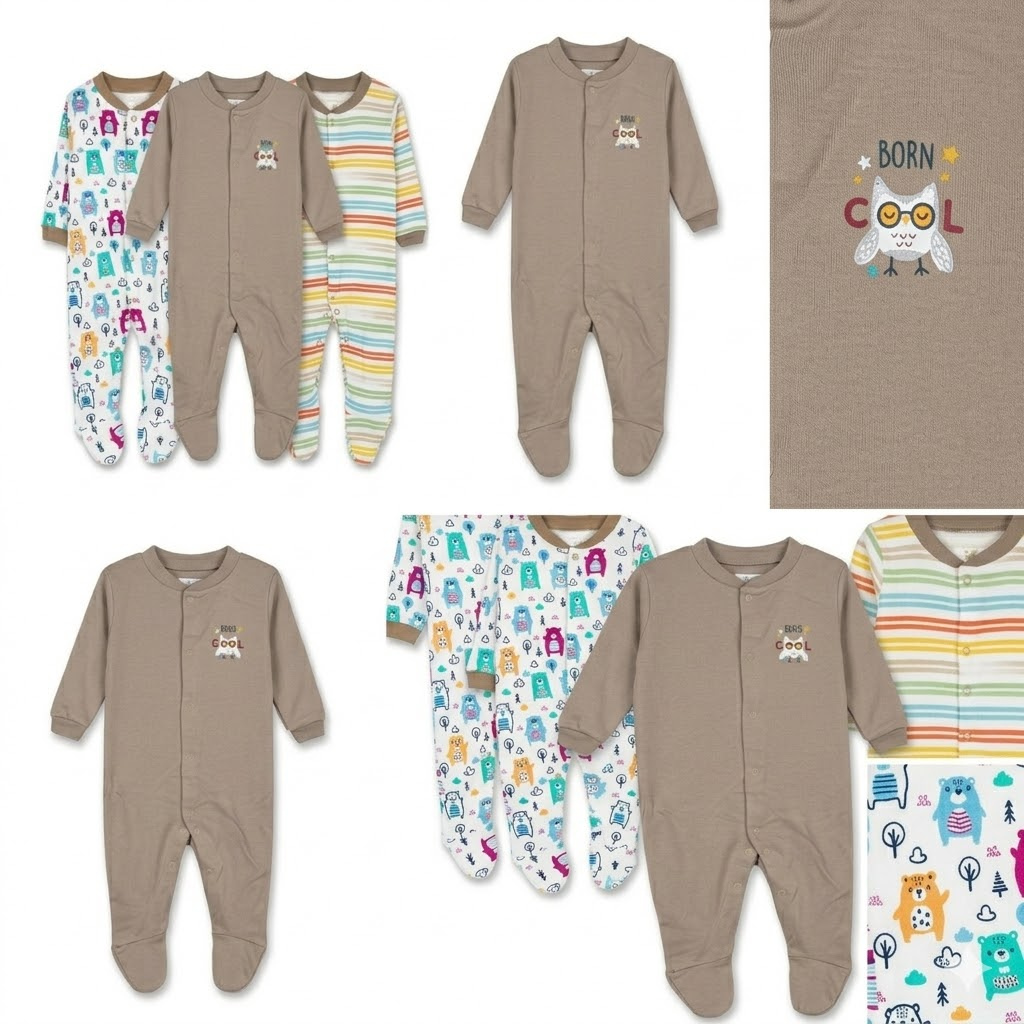 Ninos Worlds Interlock Knit Full Sleeves Footed Sleep Suits With Print & Patch Pack of 3 - Multicolor