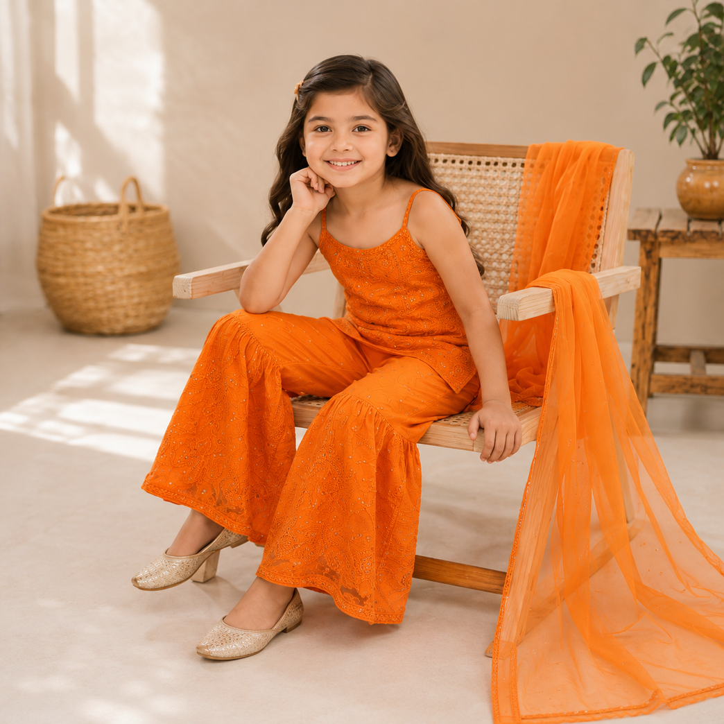 Chikankari Embroidered Sharara Set with Soft Dupatta | Ethnic Party Wear | Festive Outfit for Kids