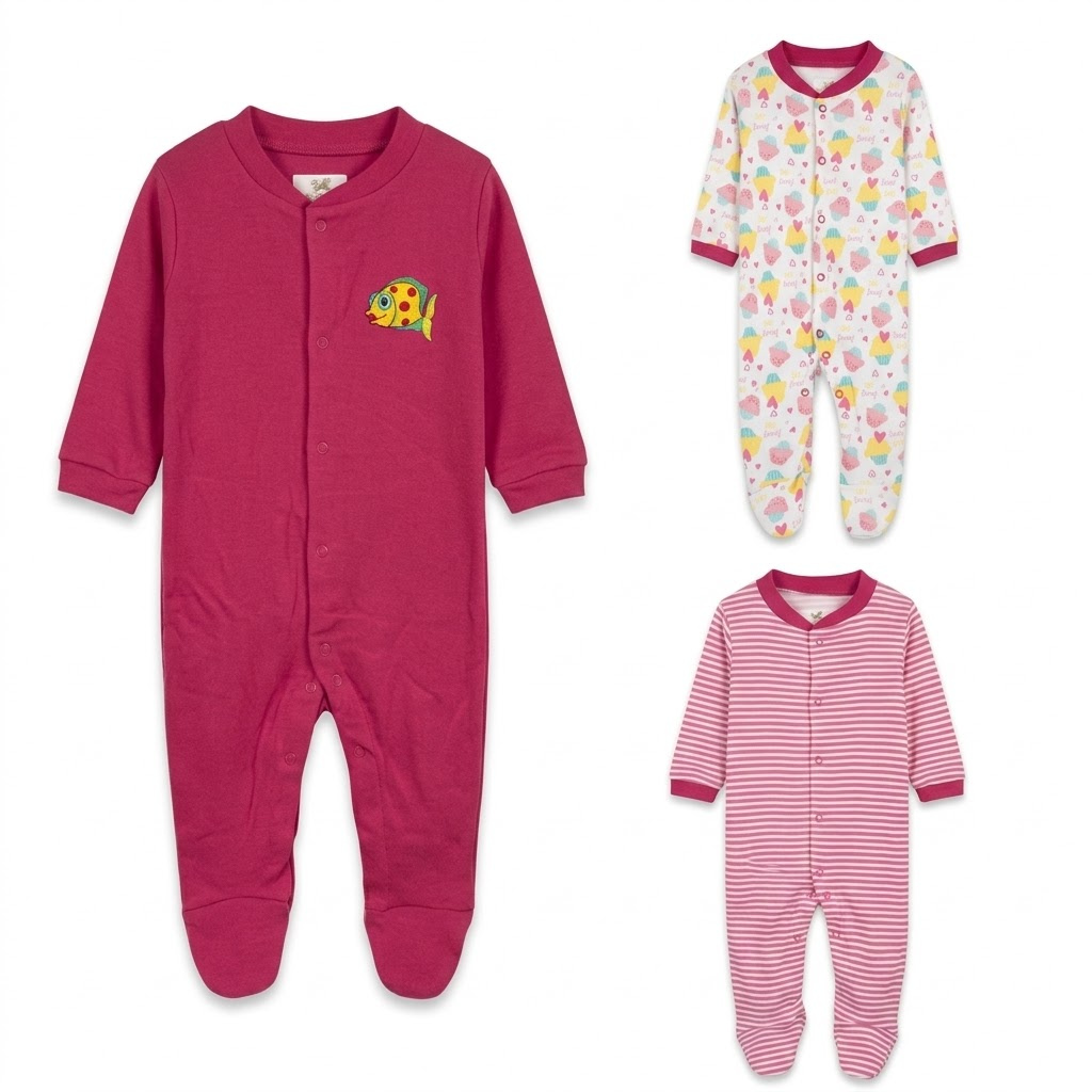 Ninos Worlds Interlock Knit Full Sleeves Footed Sleep Suits With Print & Patch Pack of 3 - Multicolor