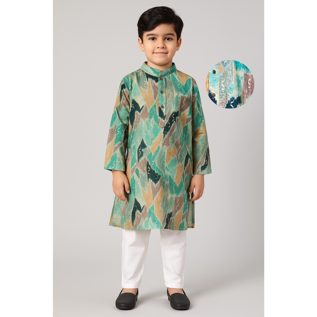 Ninos-Mandarin Collar Beautiful Texture Printed Full Sleeves Regular Kurta Pajama Set