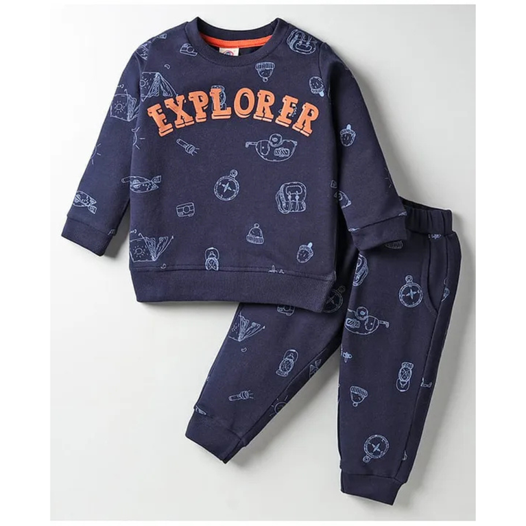 Zero Looper Knit Full Sleeves Co-ords T-Shirt & Lounge Pant Set with Explorer Print