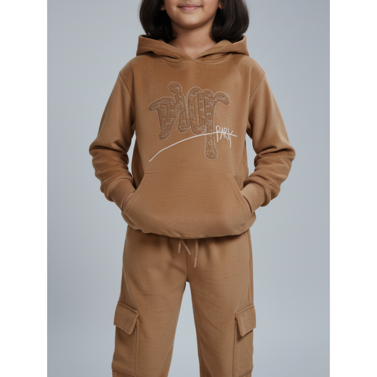 Girlyy-Velour Woven Full Sleeves Winter Wear Girls Hooded Sweatshirt & Cargo Jogger Set
