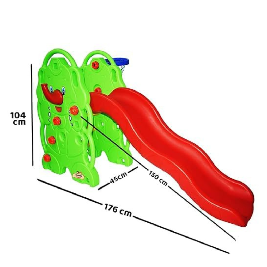 Ninos Kids Elephant Slide with Basketball Ring, Indoor/Outdoor Playground Equipment, Green and Red, Ages 2-8 Years