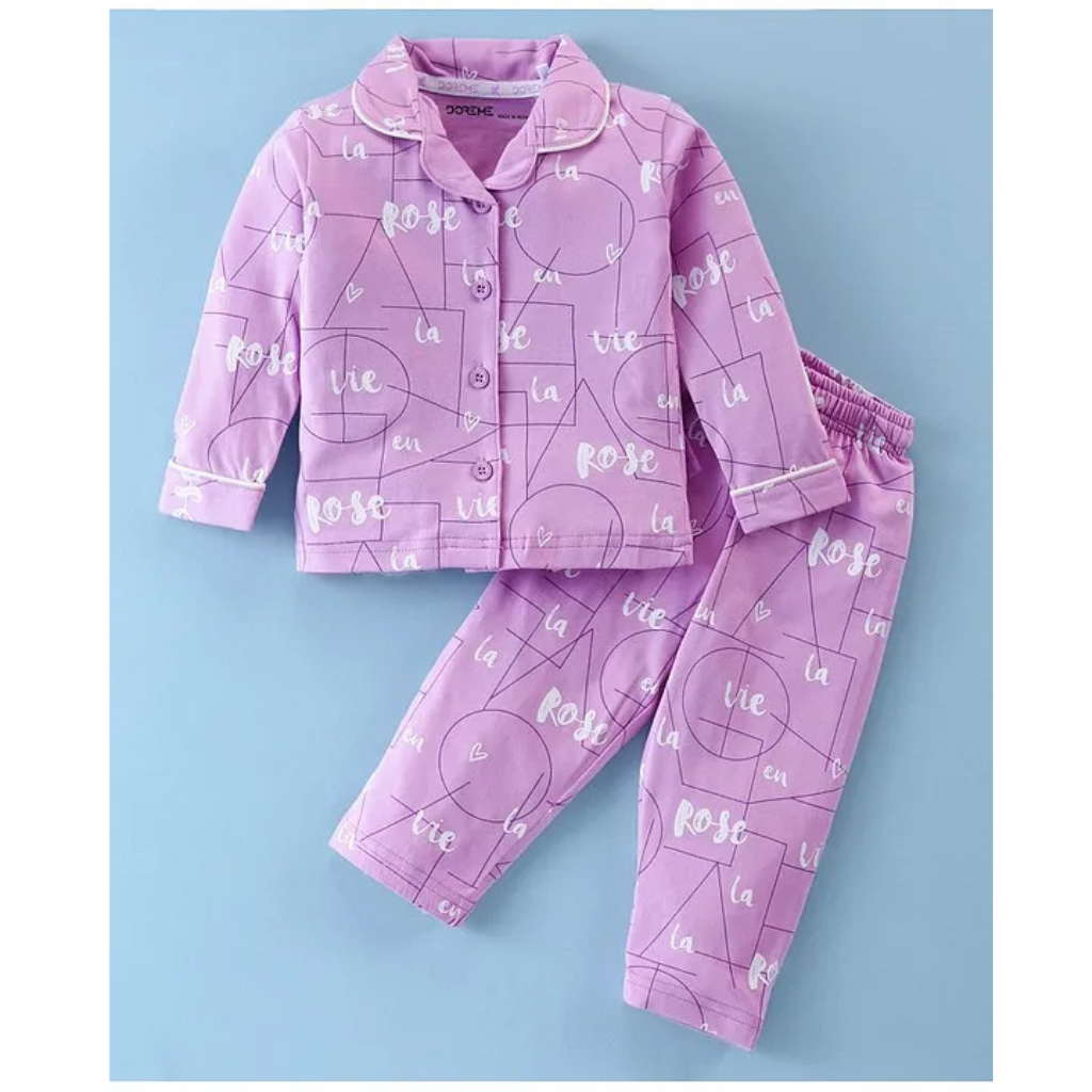Doreme Single Jersey Knit Full Sleeves Night Suit With Shapes & Text Print