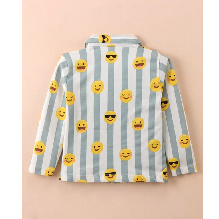 Ollypop Sinker Knit Full Sleeves Front Open Smiley Printed Night Suit - Light Blue