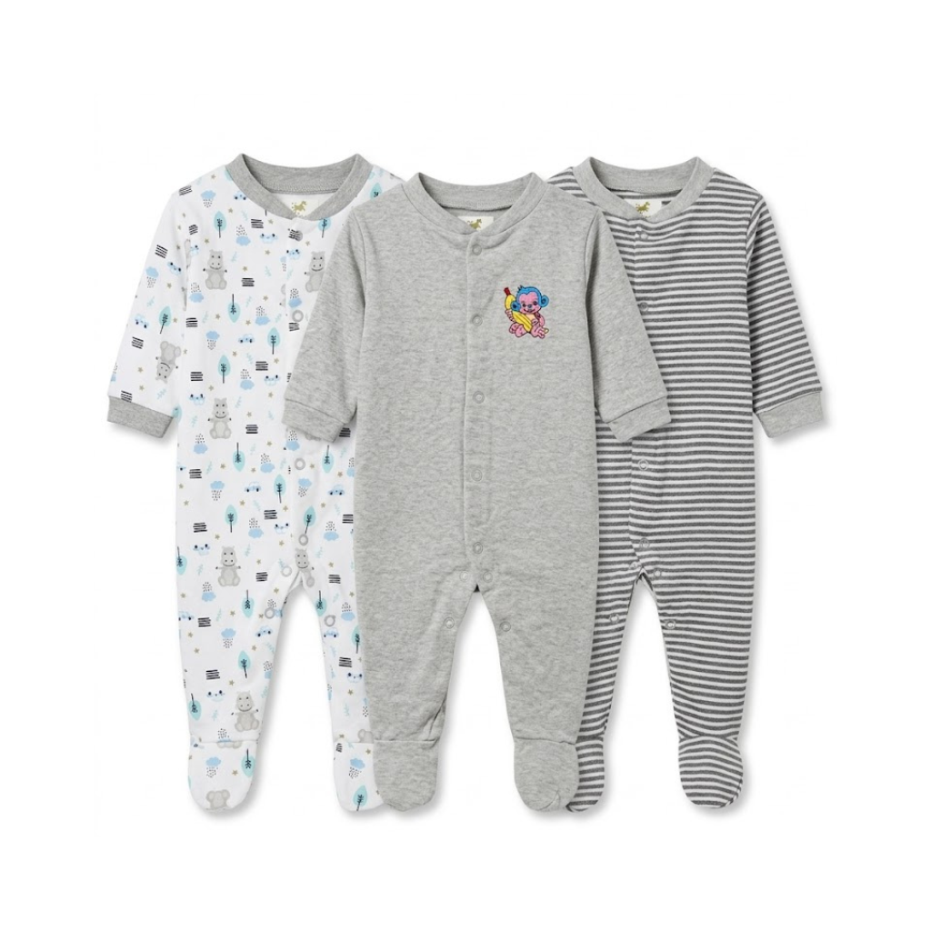 Ninos Worlds Interlock Knit Full Sleeves Footed Sleep Suits With Print & Patch Pack of 3 - Multicolor