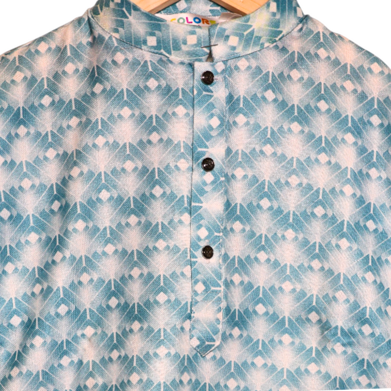 Ninos-Mandarin Collar Geometric Texture Printed Full Sleeves Regular Kurta Pajama Set