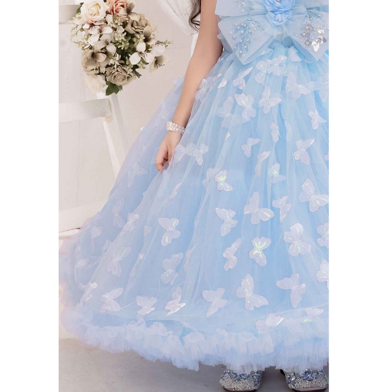 Plum-Party Wear Gown For Girls Beautiful Floral And Butterfly Embellished With Sequins Work -Sky Blue