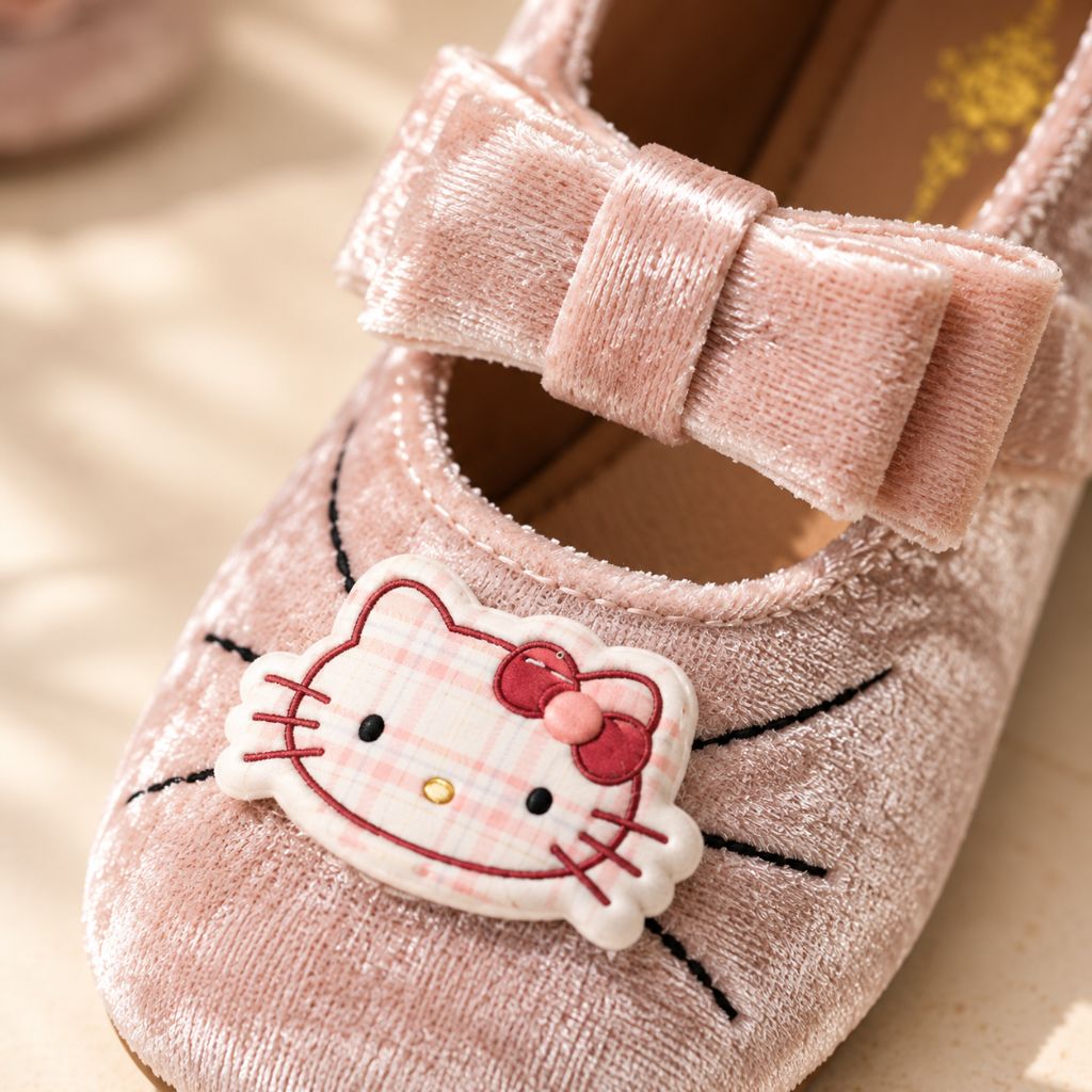 Girls' Velvet Ballerina Shoes with Bow, Cute Cartoon Embellishment and Adjustable Strap, Mary Jane Style