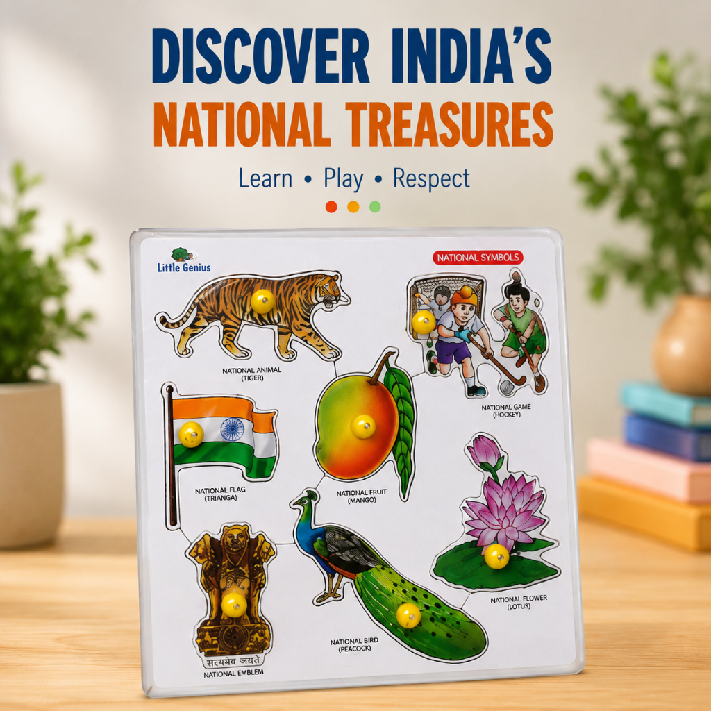 India National Symbols Wooden Puzzle Board for Kids | Educational Learning Toy for Preschool & Kindergarten