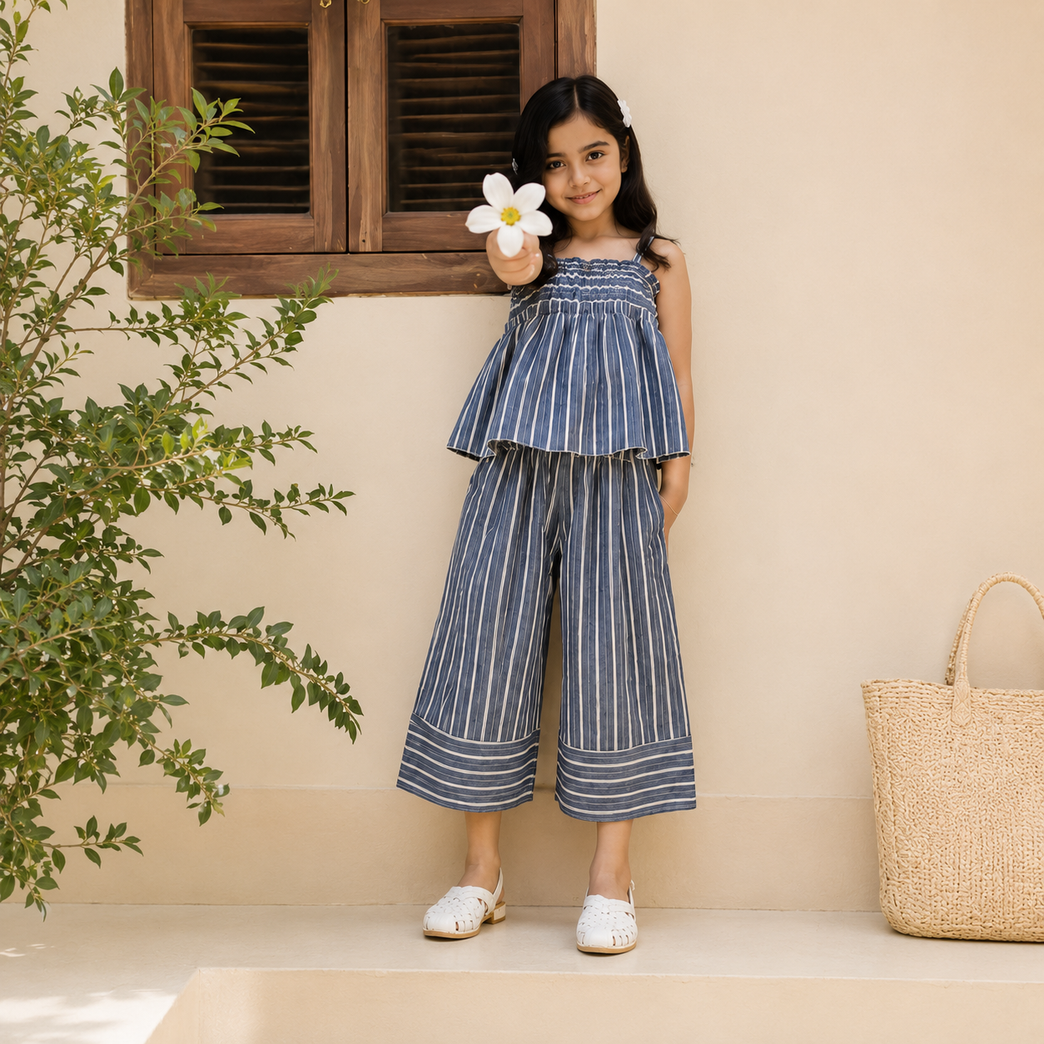 Girls Blue Striped Smocked Cami Top & Wide-Leg Palazzo Pants Co-Ord Set