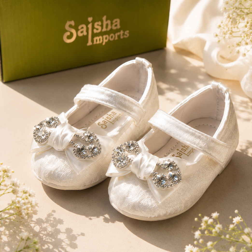 Girls' Pearl White Party Ballet Flats with Rhinestone Bow & Adjustable Strap