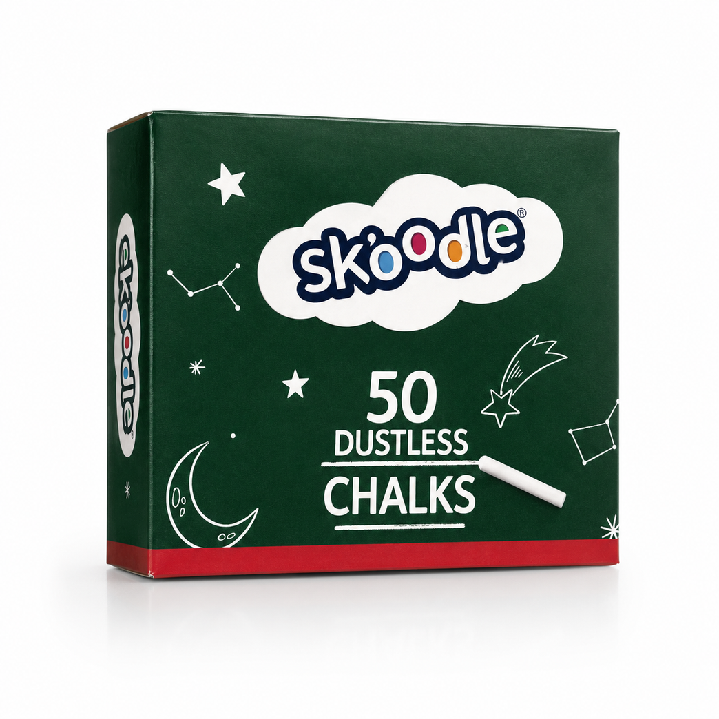 Skoodle Dustless White Chalks for Kids & Classrooms – Set of 50 Smooth Writing Chalk Sticks, Low Dust Formula for School, Home & Art Activities