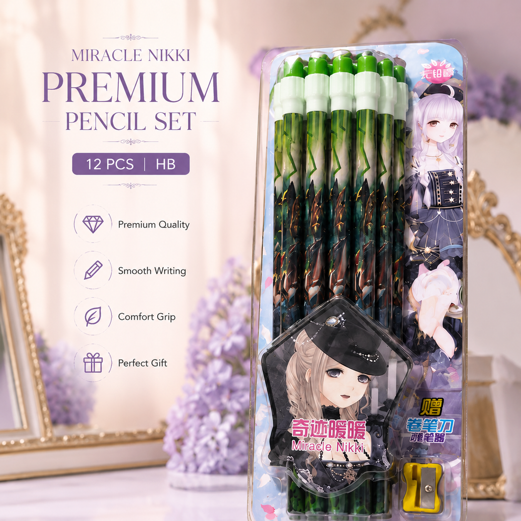 Miracle Nikki Premium HB Pencil Set with Sharpener & Eraser | 12 PCS Anime Theme Writing Pencils for School, Office & Art