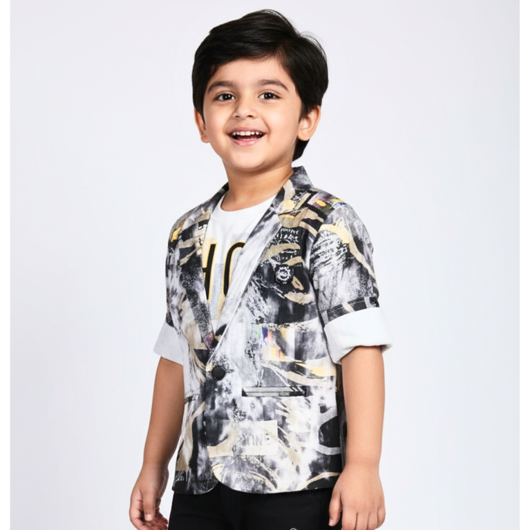 Boys' Abstract Print Blazer with Black Pants Set