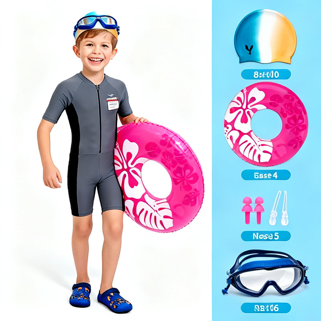Kids Swimming Goggles Set with Swim Costume Cap Earplugs & Float Ring Complete Pool Kit