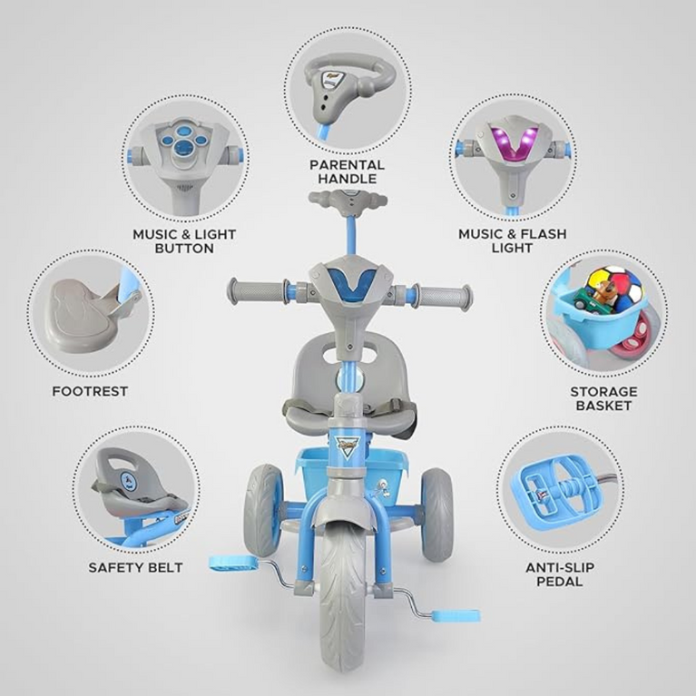 Dash Discover Kids Tricycle Storage Basket Music Light Safety Belt Adjustable Height With Parental Handle
