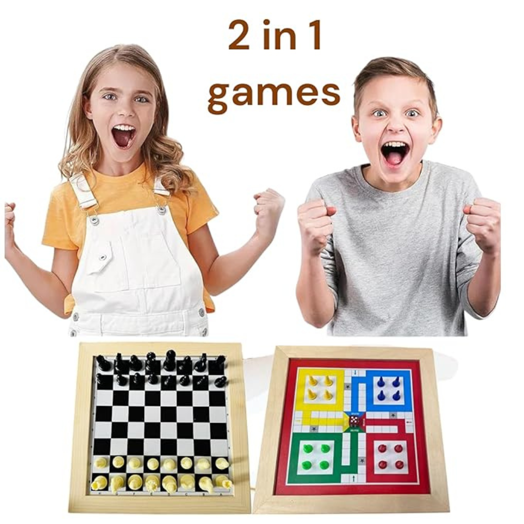 Awals 2-in-1 Wooden Ludo & Snakes & Ladders Board Game | Premium Reversible Family Game Set for Kids & Adults