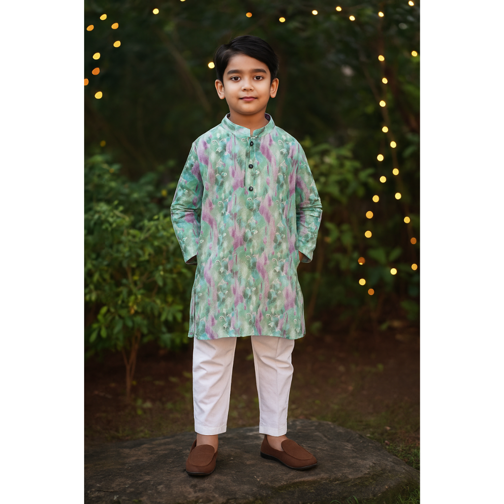 Colors Junior- Mandarin Collar Full Sleeves Kurta Pajama Set with Embroidery & Sequin Detailing