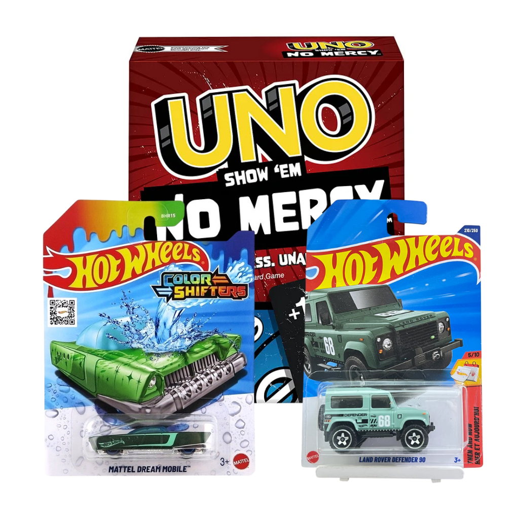 Hot Wheels-Mattel Dream Mobile (Color Shifters), Hot Wheels Land Rover Defender 90, UNO No Mercy Card Game