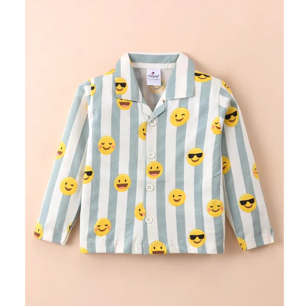 Ollypop Sinker Knit Full Sleeves Front Open Smiley Printed Night Suit - Light Blue