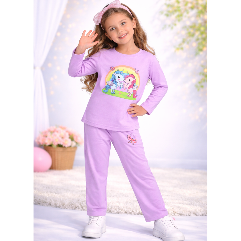 Ninos 100% Cotton Knit Full Sleeves "Unicorn Pair" Printed Coordinating Tee & Pants Set For Girls