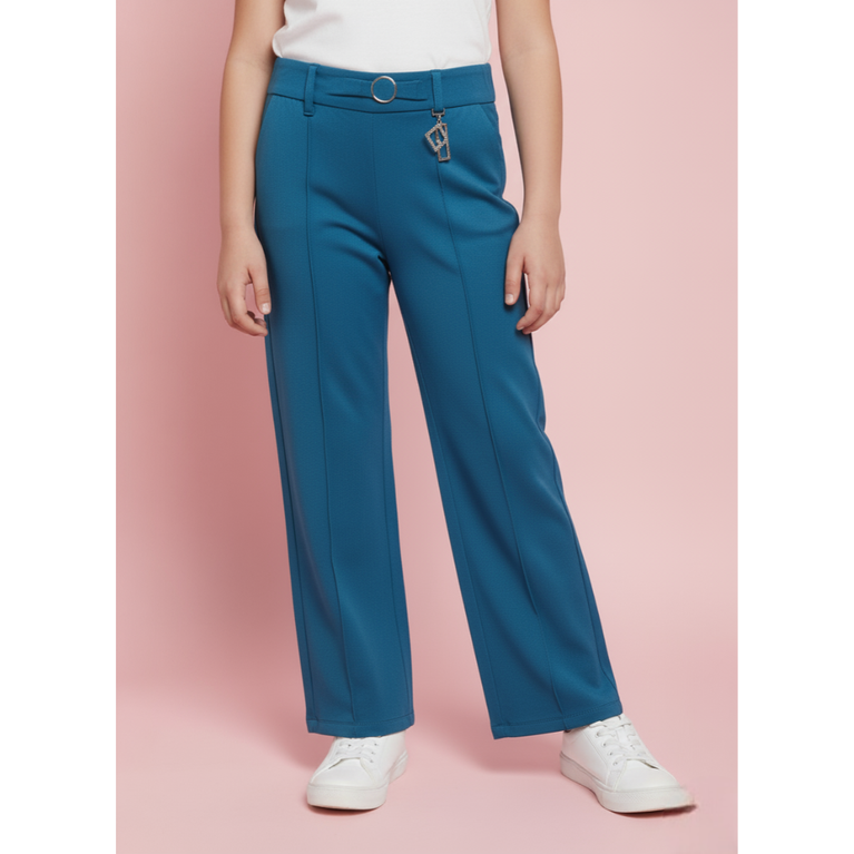 Louriya-Girls’ Smart-Casual Full-Length Trousers – Elastic Waistband & Charm