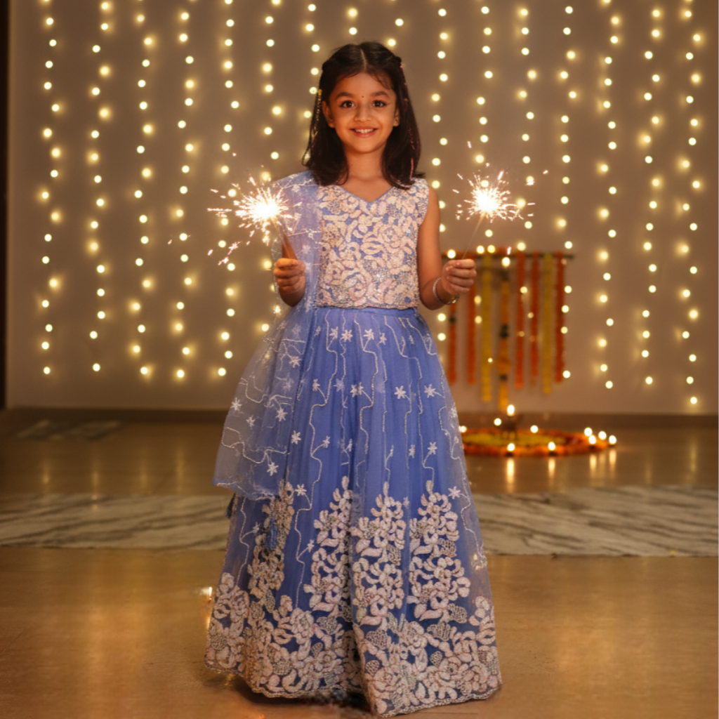 Ninos Girls Sky Blue Embroidered Lehenga Choli Set with Dupatta