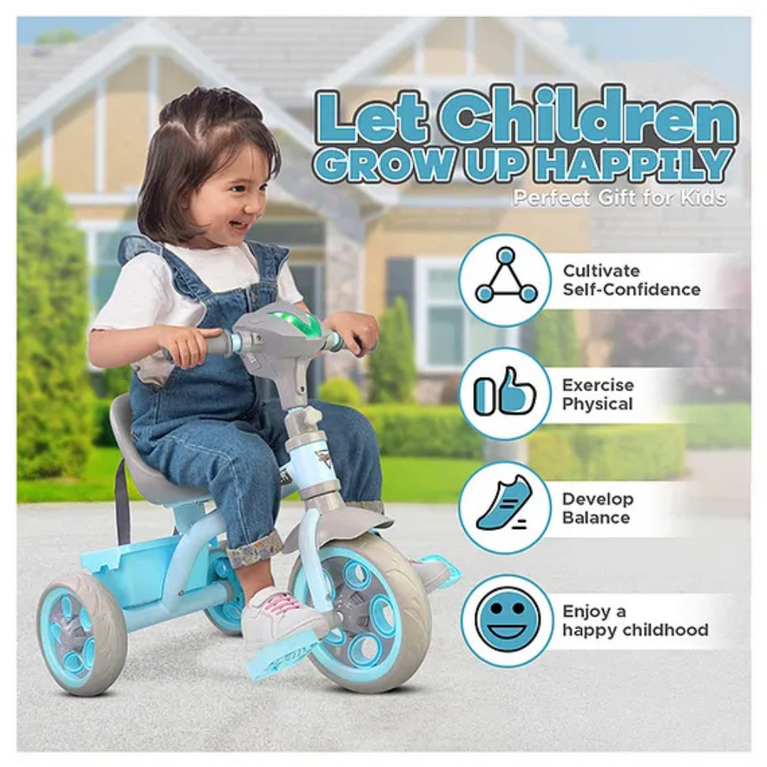 Dash Discover Kids Tricycle with Storage Basket Music Light Safety Belt Adjustable Height