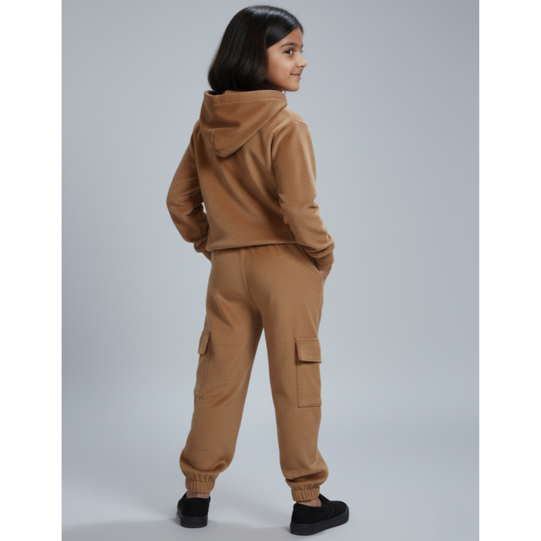 Girlyy-Velour Woven Full Sleeves Winter Wear Girls Hooded Sweatshirt & Cargo Jogger Set