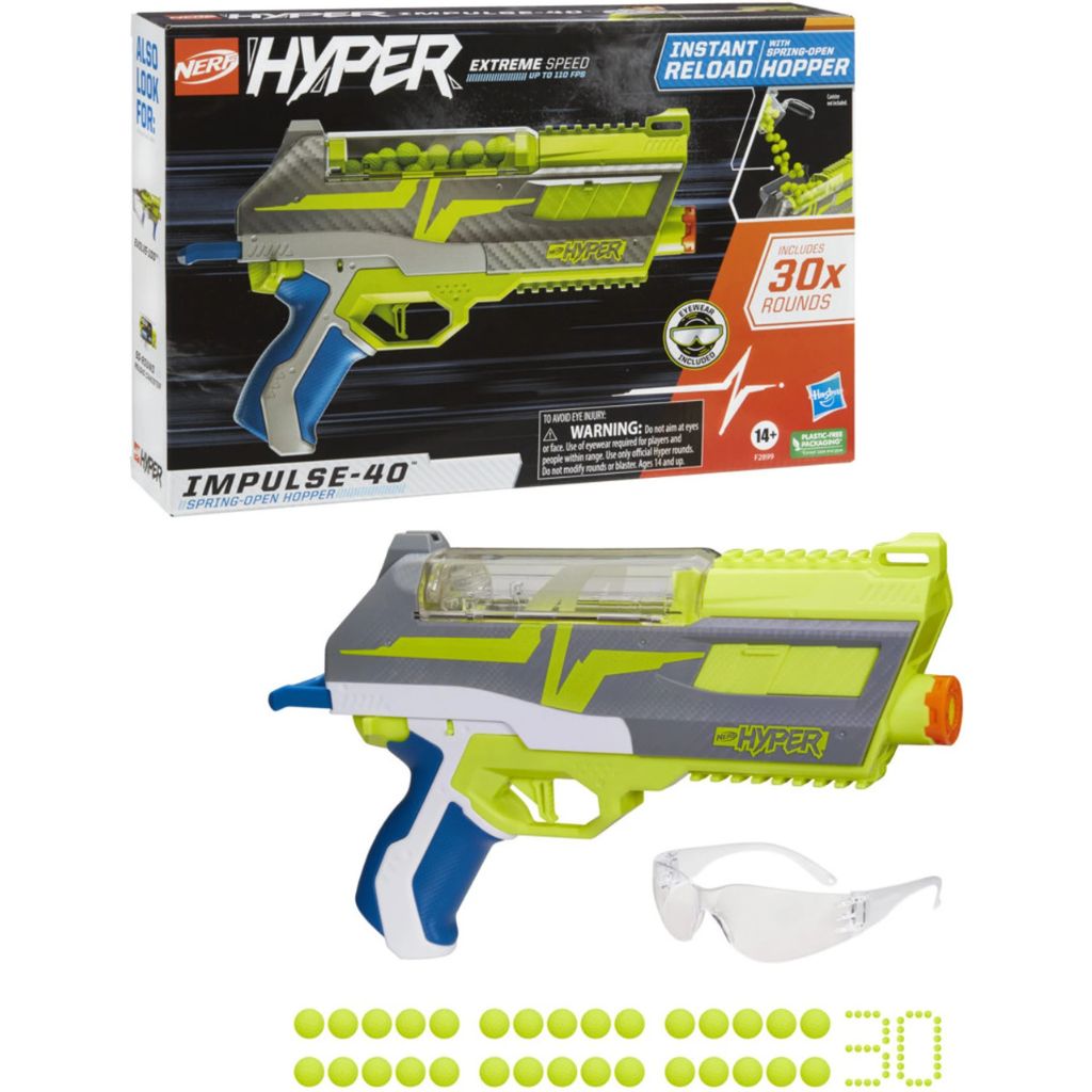 Nerf Hyper Impulse-40 Blaster, 30 Nerf Hyper Rounds, Spring-Open Instant Reload Hopper, Up To 110 FPS Velocity, Eyewear Included, 14Y+