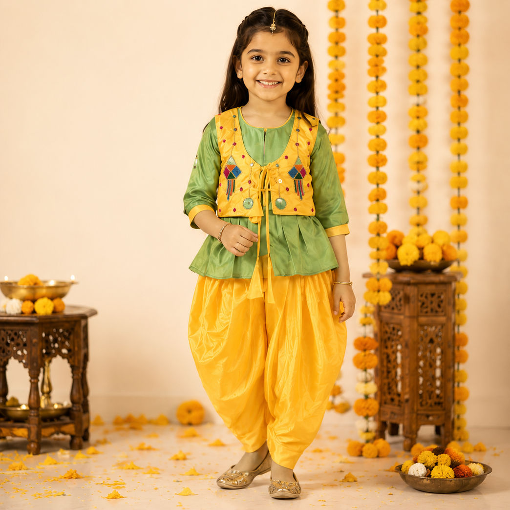 Girls Festive Dhoti Kurta Set with Embroidered Jacket – Traditional Ethnic Wear for Kids