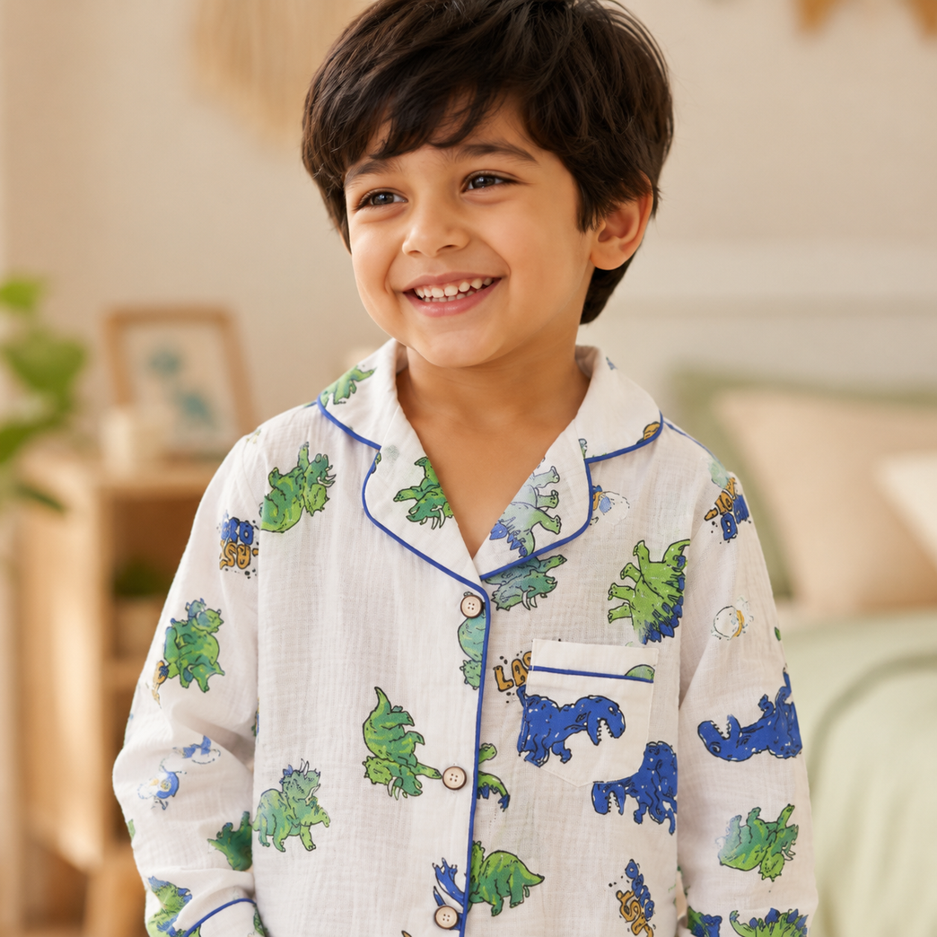Dinosaur Print Cotton Night Suit Set with Full Sleeve Shirt & Pajama | White