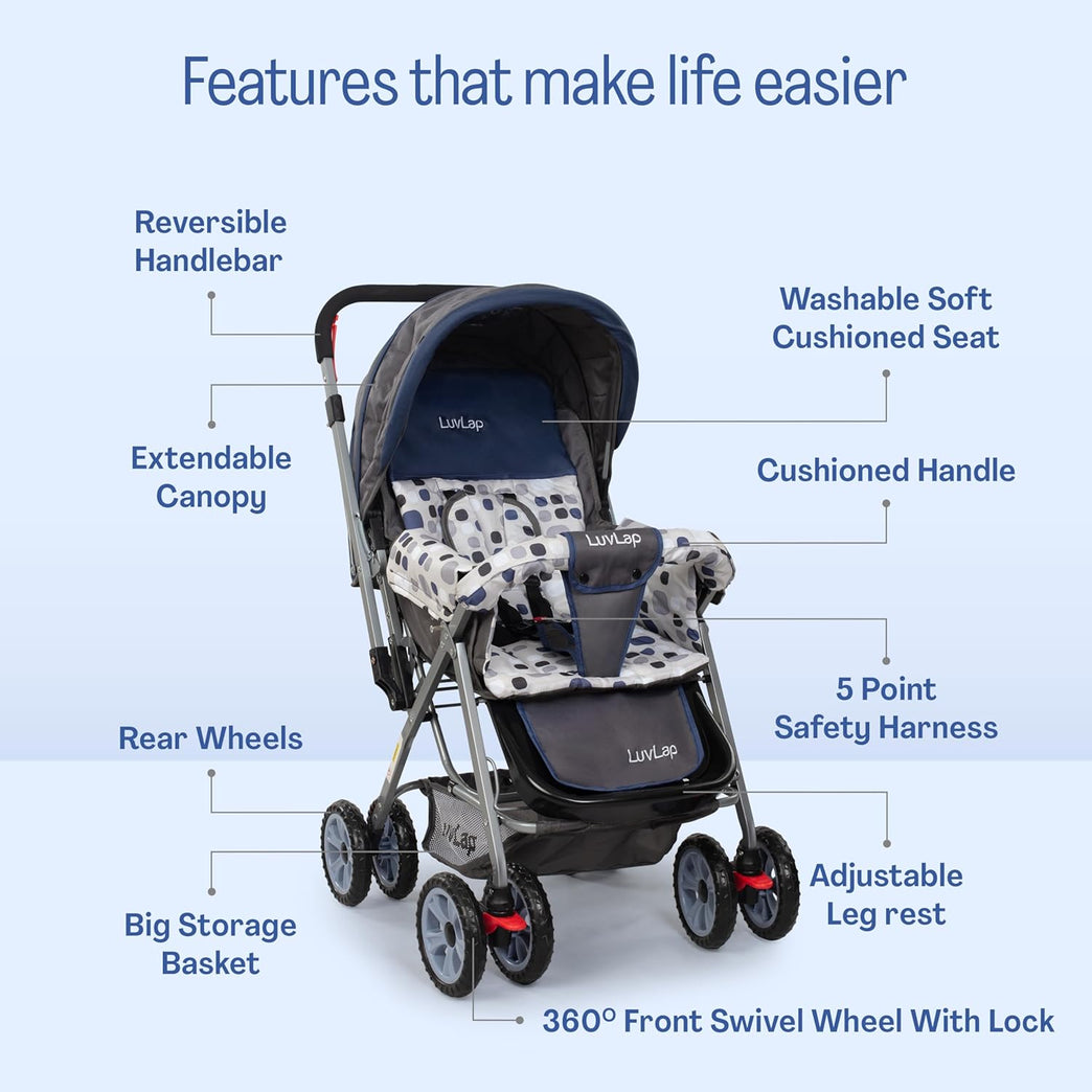 Baby Stroller for Kids with Reversible Handle & 5-Point Safety Harness – Foldable Lightweight Pram with Storage Basket | LuvLap Style