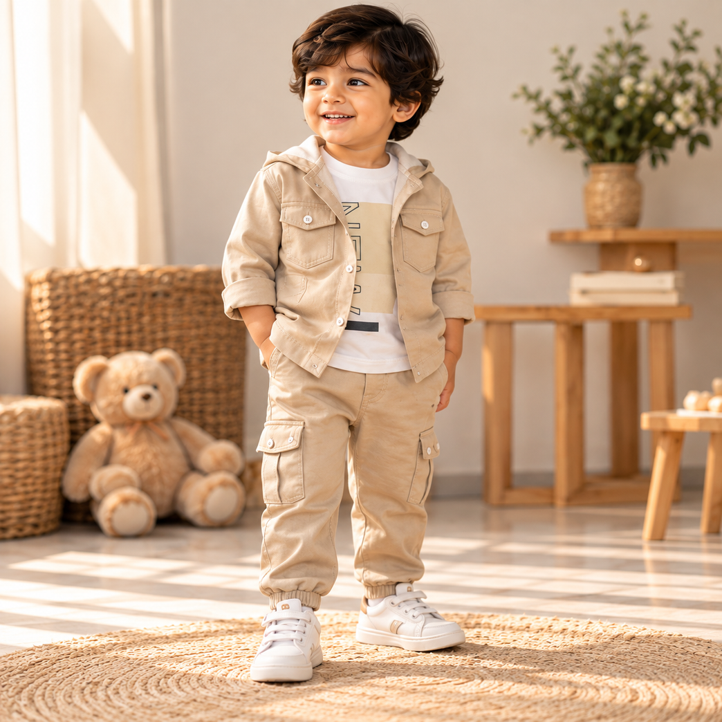 Beige Kids Cargo Jacket & Jogger Set | Stylish Casual Outfit for Boys
