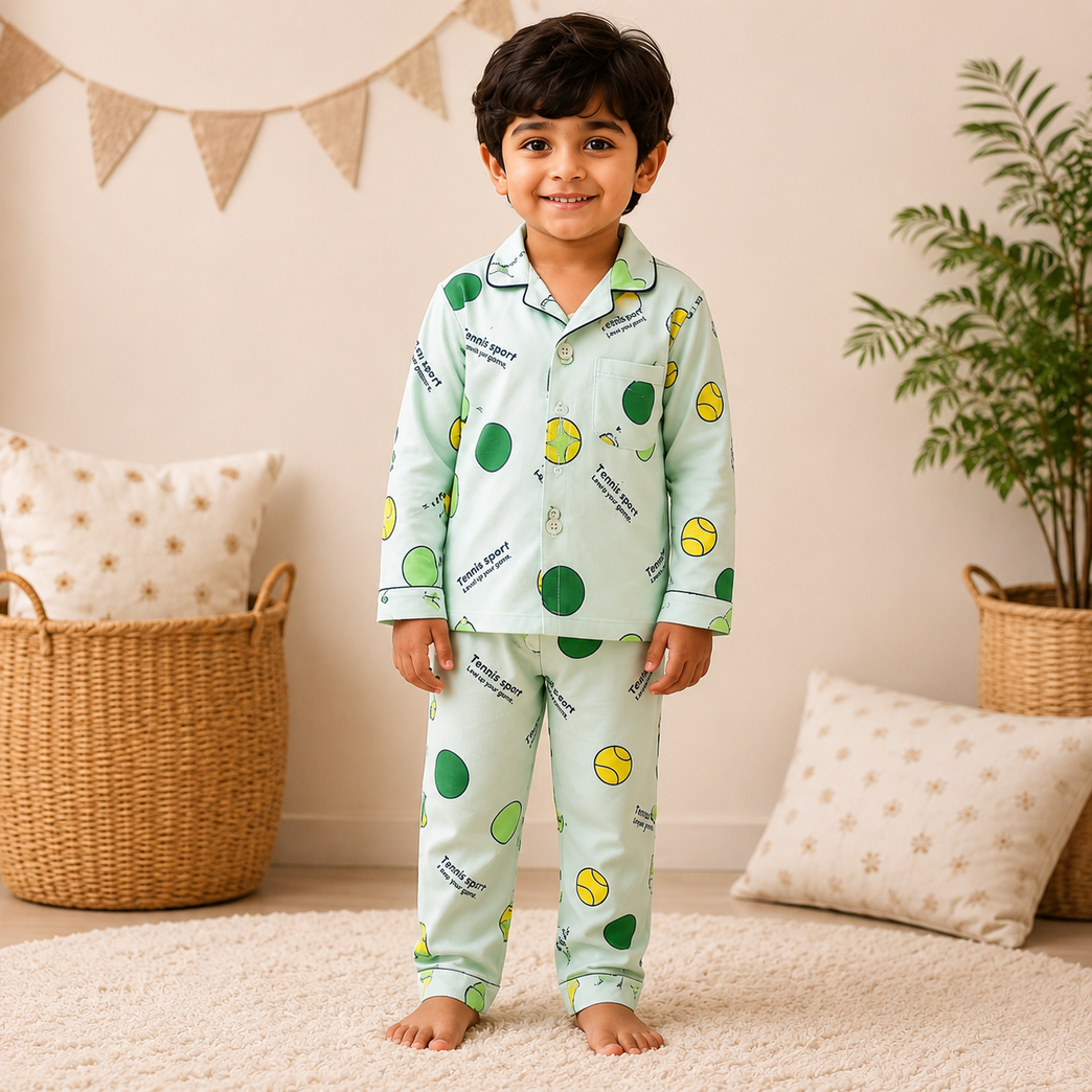 DOREME Kids Tennis Print Cotton Night Suit Set for Boys & Girls | Soft Half Sleeve Shirt & Pajama Co-ord Sleepwear | Mint Green